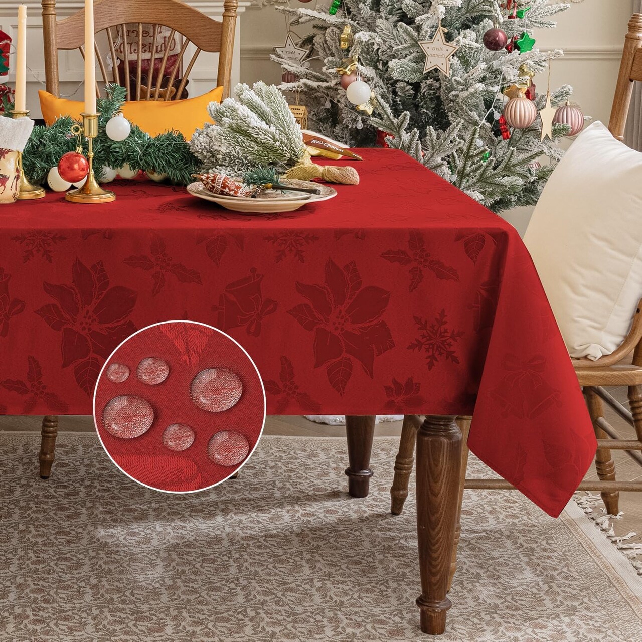 Christmas Jacquard Tablecloth, Winter Vintage Damask Rectangle Table Cover, Poinsettia Snowflakes Polyester Fabric Table Cloths Decor for Holiday, Dining, Party - 60 x 84 inch, Red